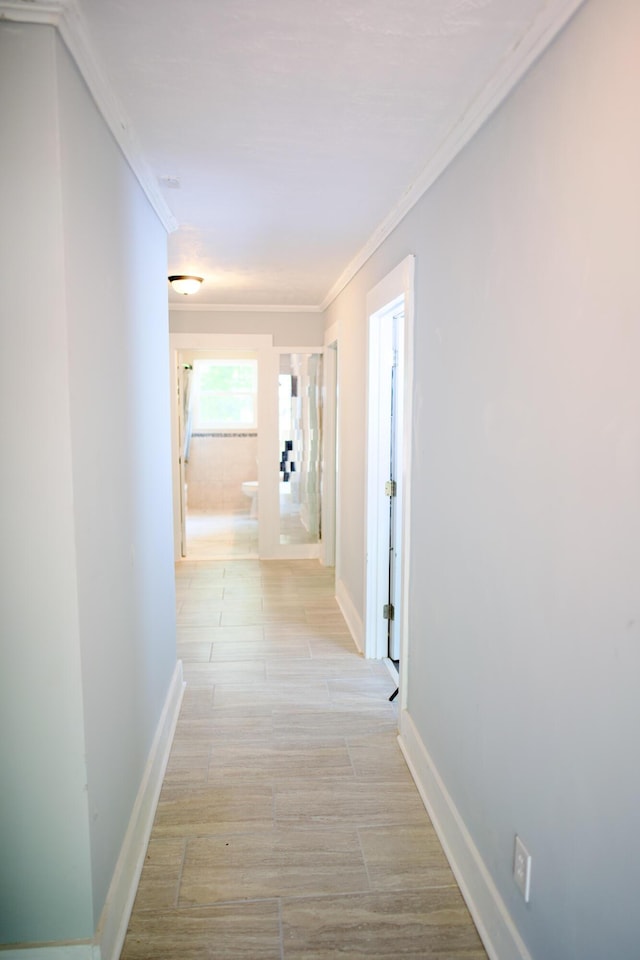 corridor featuring crown molding and baseboards