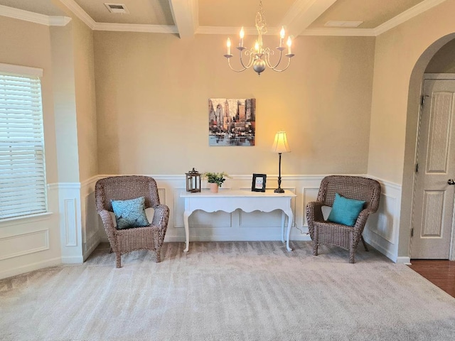 2144 Willhaven Dr, Augusta, GA 30909 - sitting room with arched walkways, a chandelier, carpet floors, crown molding, and beam ceiling