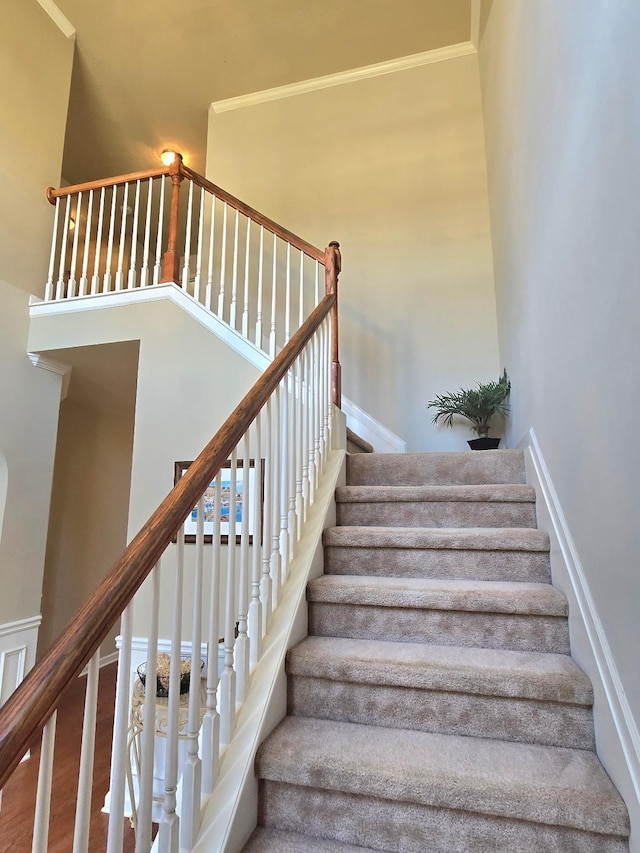 2144 Willhaven Dr, Augusta, GA 30909 - stairs with a high ceiling, crown molding, and wood finished floors