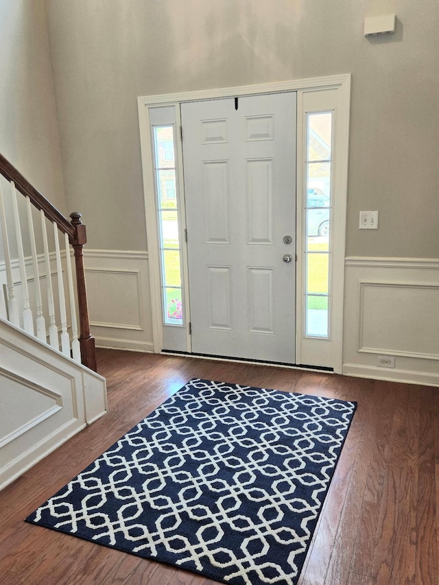 2144 Willhaven Dr, Augusta, GA 30909 - entryway featuring wood finished floors, plenty of natural light, stairway, a wainscoted wall, and a decorative wall