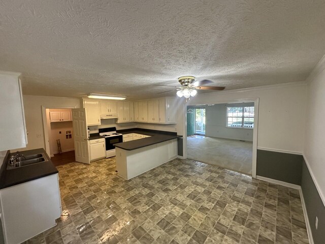 kitchen featuring kitchen peninsula, ornamental molding, sink, white cabinets, and white range with electric cooktop