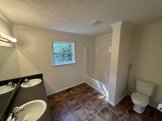 full bathroom with washtub / shower combination, ornamental molding, a textured ceiling, and toilet