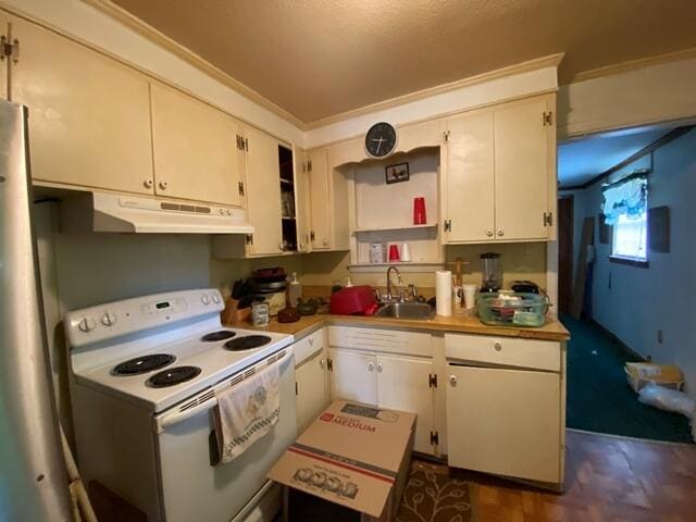 1012 14th Ave, Augusta, GA 30901 - kitchen with electric range, under cabinet range hood, a sink, light countertops, and white cabinets