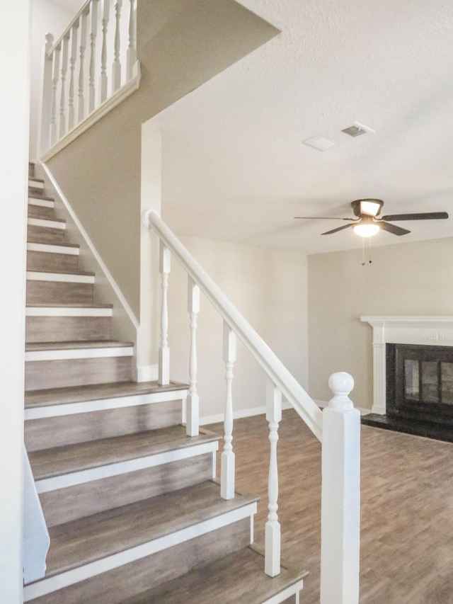 stairs featuring ceiling fan and wood-type flooring