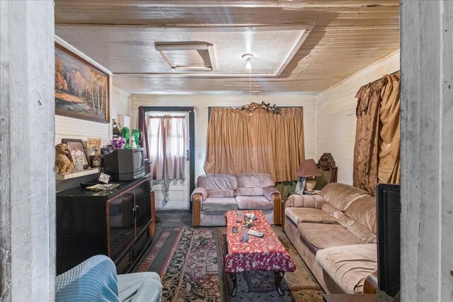 living room featuring wood ceiling