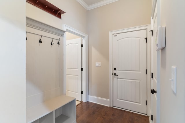 mudroom with crown molding and dark wood-type flooring