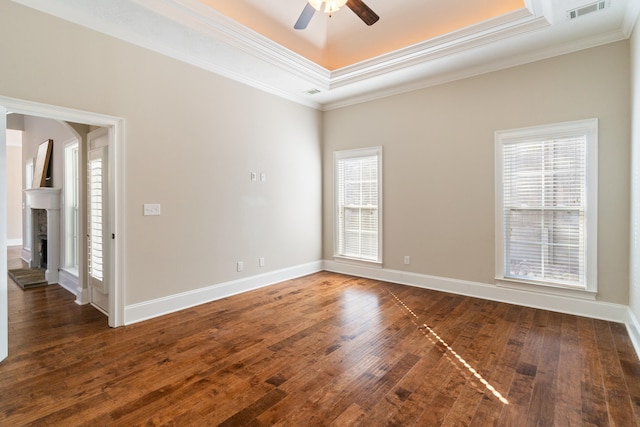 unfurnished room featuring a raised ceiling, plenty of natural light, and dark hardwood / wood-style floors