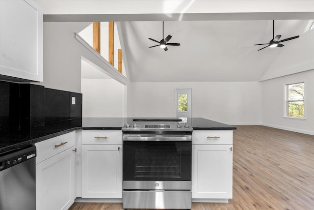 321 Padrick St, Martinez, GA 30907 - kitchen with appliances with stainless steel finishes, ceiling fan, a peninsula, plenty of natural light, and high vaulted ceiling
