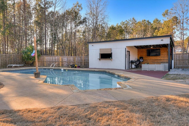 view of swimming pool featuring a patio and a diving board