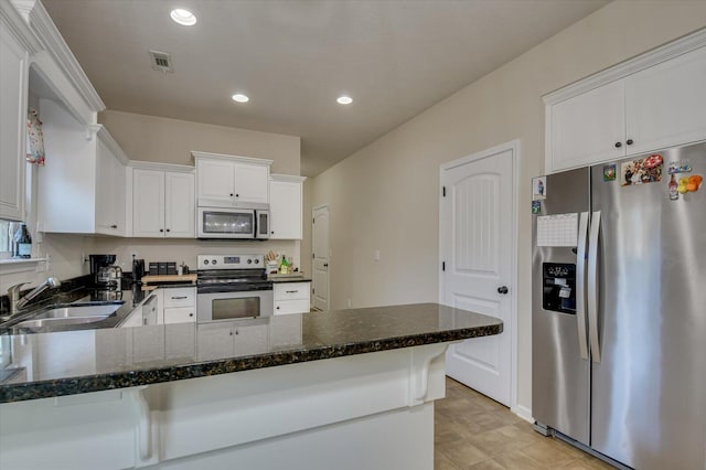 kitchen featuring kitchen peninsula, stainless steel appliances, white cabinetry, dark stone countertops, and sink