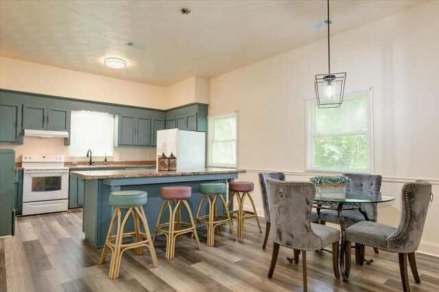 65 W Calhoun St, Wadley, GA 30477 - kitchen with a breakfast bar, white appliances, hanging light fixtures, light stone countertops, and light hardwood / wood-style floors