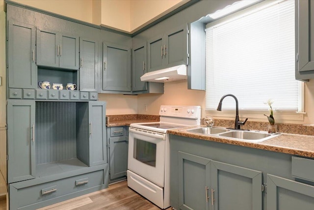 65 W Calhoun St, Wadley, GA 30477 - kitchen featuring white range with electric stovetop, light hardwood / wood-style floors, and sink