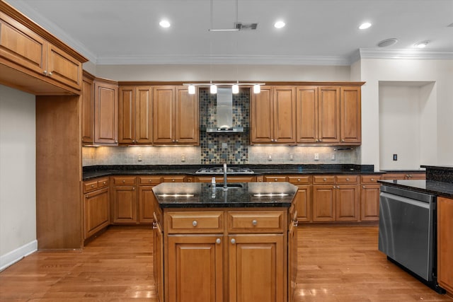 4120 Shady Oaks Dr, Martinez, GA 30907 - kitchen featuring stainless steel appliances, wall chimney range hood, brown cabinets, crown molding, and recessed lighting