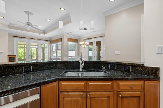 4120 Shady Oaks Dr, Martinez, GA 30907 - kitchen with french doors, stainless steel dishwasher, ornamental molding, healthy amount of natural light, and recessed lighting