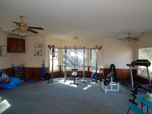 exercise area featuring carpet flooring, ceiling fan, wooden walls, and ornamental molding