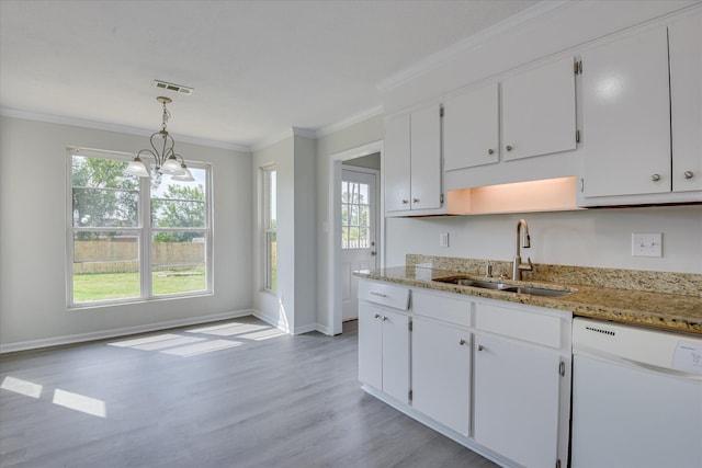 301 Cobblestone Ct, Martinez, GA 30907 - kitchen with dishwasher, white cabinets, light wood-style flooring, crown molding, and healthy amount of natural light