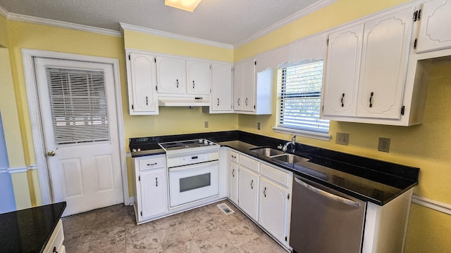 206 W Amelia Dr, Martinez, GA 30907 - kitchen featuring stainless steel dishwasher, dark countertops, a sink, white oven, and under cabinet range hood
