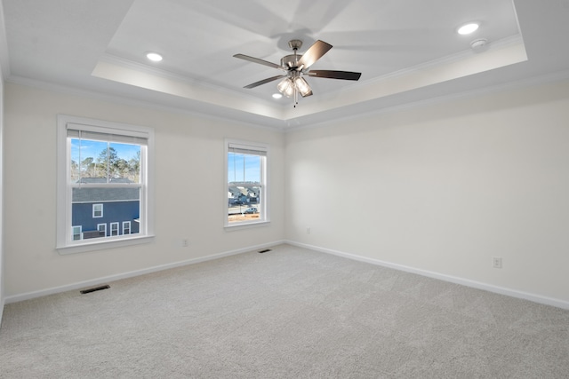 carpeted spare room featuring ceiling fan, ornamental molding, and a raised ceiling