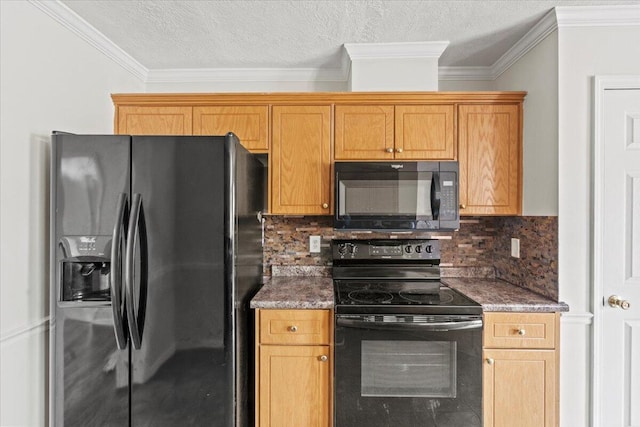 4500 Marthas Way, Grovetown, GA 30813 - kitchen featuring black appliances, backsplash, ornamental molding, a textured ceiling, and dark stone countertops