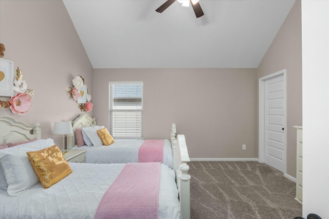 bedroom featuring lofted ceiling, carpet flooring, ceiling fan, and baseboards