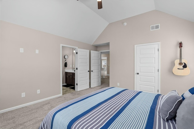 bedroom featuring carpet flooring, a ceiling fan, visible vents, vaulted ceiling, and baseboards