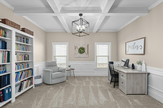 office with light carpet, a healthy amount of sunlight, and beamed ceiling