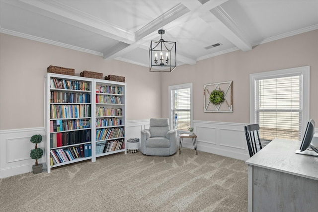 office featuring a wainscoted wall, coffered ceiling, visible vents, beamed ceiling, and carpet