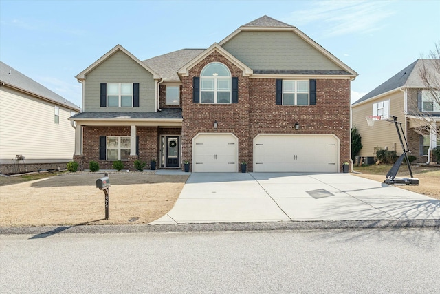 view of front facade with concrete driveway, brick siding, roof with shingles, and an attached garage