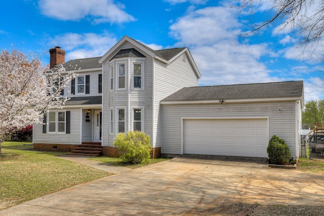 traditional home with roof with shingles, an attached garage, a chimney, concrete driveway, and a front lawn