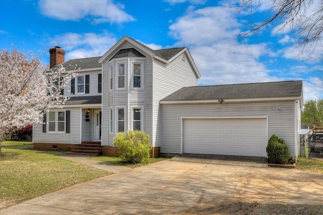 traditional-style house featuring a front yard, driveway, a chimney, a garage, and crawl space