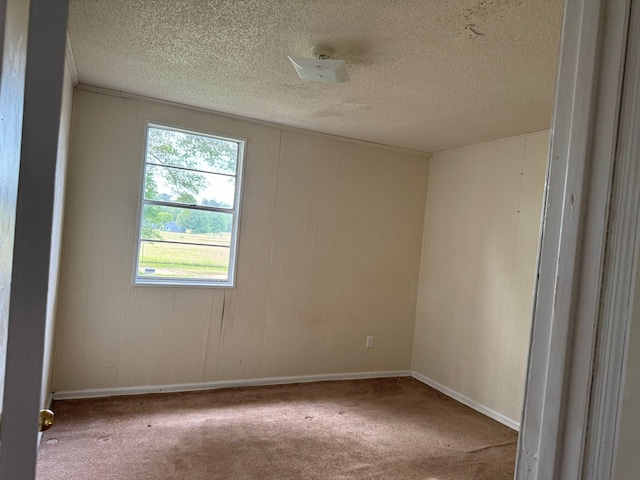 carpeted spare room featuring a textured ceiling and baseboards