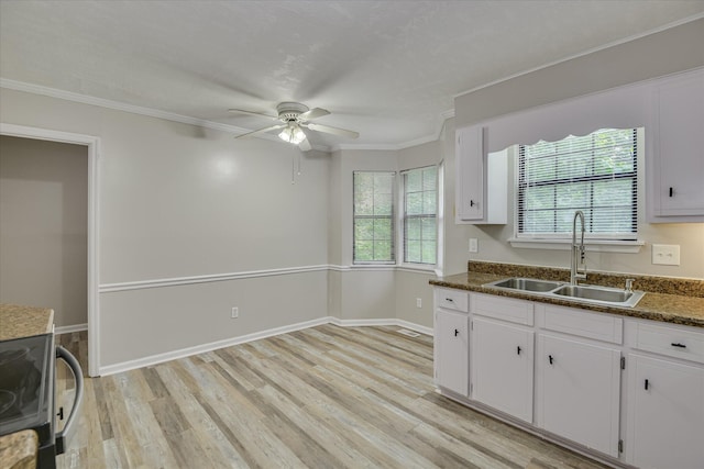 216 Dry Creek Rd, Evans, GA 30809 - kitchen with a sink, a ceiling fan, light wood-type flooring, white cabinetry, and ornamental molding