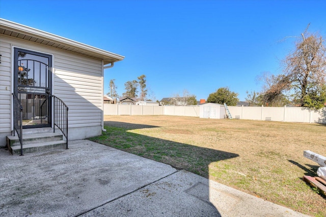 view of yard with a patio area and a storage shed