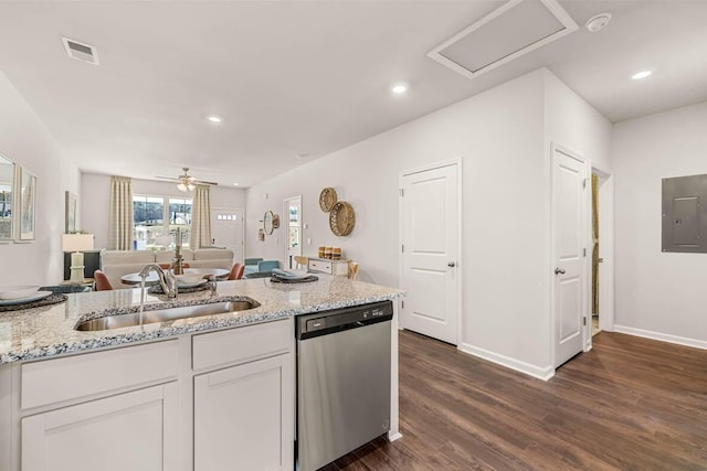 kitchen featuring dishwasher, ceiling fan, electric panel, white cabinets, and sink