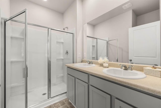 bathroom featuring vanity and a shower with shower door