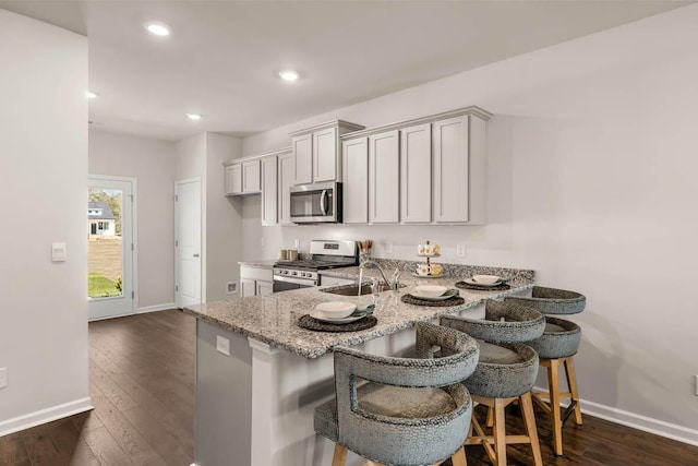 kitchen with stainless steel appliances, light stone countertops, dark hardwood / wood-style flooring, a kitchen bar, and sink