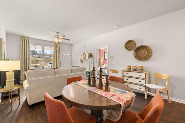 dining space with ceiling fan and dark hardwood / wood-style floors