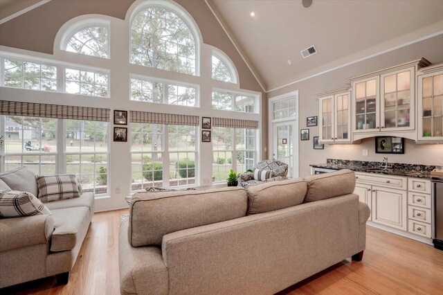 living room featuring bar, light hardwood / wood-style floors, and high vaulted ceiling