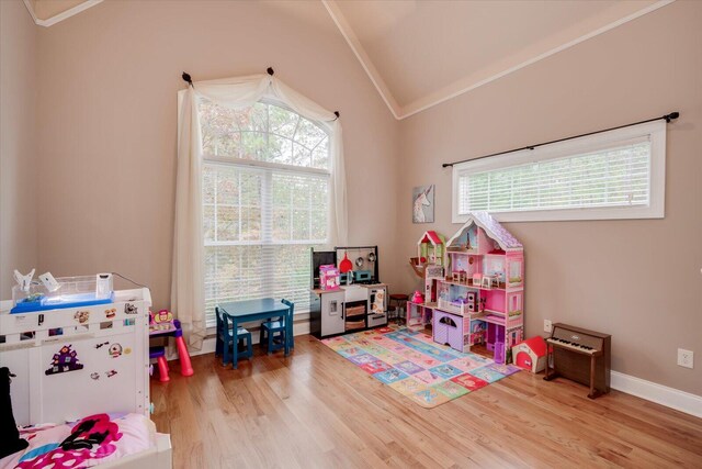 rec room with ornamental molding, hardwood / wood-style flooring, and lofted ceiling