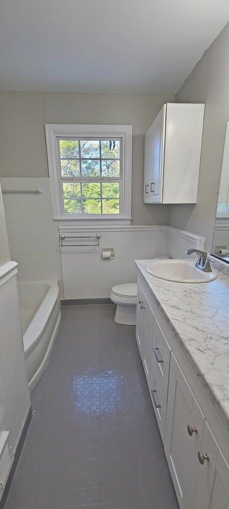 bathroom featuring vanity, a tub, and toilet