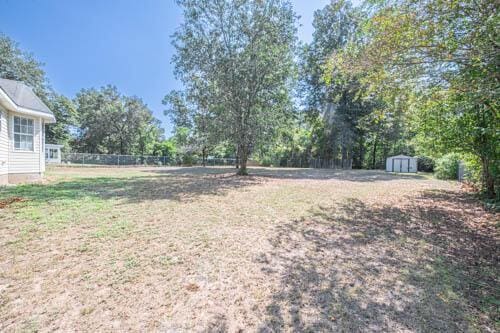 view of yard featuring a storage unit