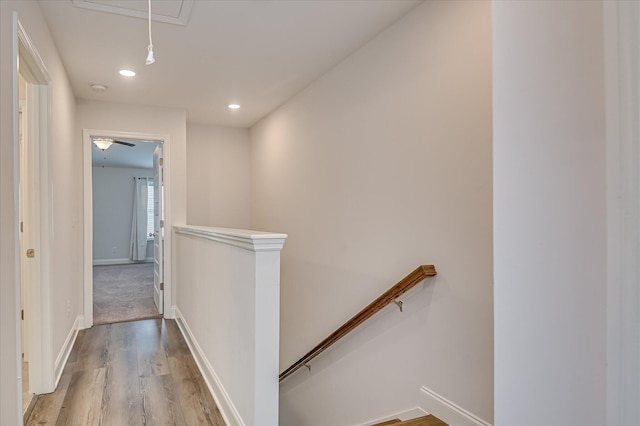 359 Sumac Trl, Evans, GA 30809 - hallway featuring an upstairs landing, attic access, wood finished floors, recessed lighting, and baseboards