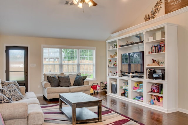 4804 High Meadows Dr, Grovetown, GA 30813 - living room featuring ceiling fan, lofted ceiling, wood finished floors, and baseboards
