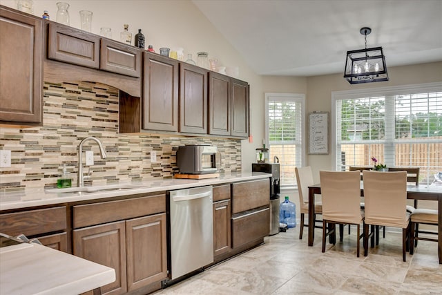 4804 High Meadows Dr, Grovetown, GA 30813 - kitchen featuring stainless steel dishwasher, a sink, tasteful backsplash, light countertops, and lofted ceiling