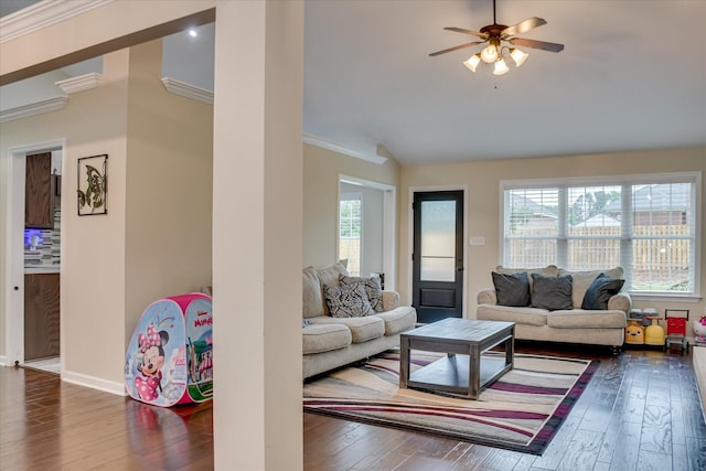 4804 High Meadows Dr, Grovetown, GA 30813 - living room with dark wood-type flooring, crown molding, a ceiling fan, and vaulted ceiling