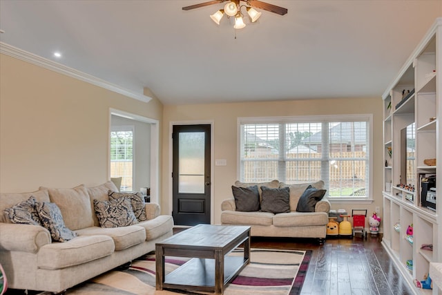 4804 High Meadows Dr, Grovetown, GA 30813 - living room with dark wood-style floors, ceiling fan, crown molding, and lofted ceiling