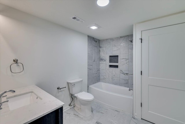 full bath featuring vanity, visible vents, shower / tub combination, toilet, and marble finish floor