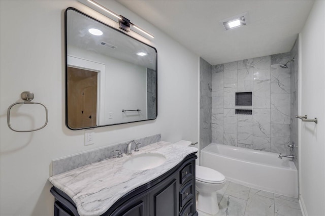 bathroom featuring visible vents, toilet, marble finish floor, bathtub / shower combination, and vanity