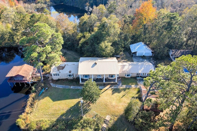 aerial view featuring a water view