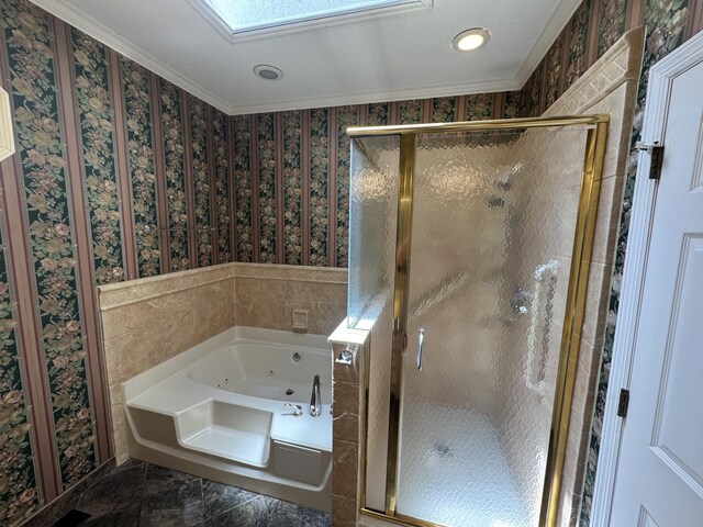 bathroom featuring ornamental molding, wallpapered walls, a whirlpool tub, recessed lighting, and a stall shower